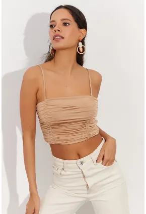 Kadın Vizon Drapeli Crop Bluz LPP1216