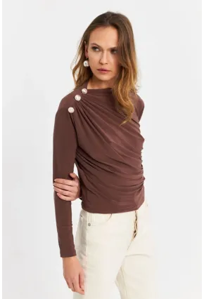 Kadın Vizon Düğme Detaylı Büzgülü Bluz LPP1223-1