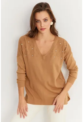 Kadın Vizon V Yaka Taşlı İnce Triko Bluz YİL002
