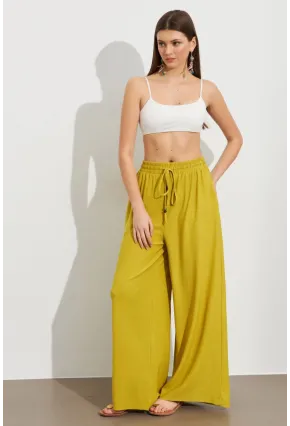 Kadın Yağ Yeşili Beli Lastikli Bürümcük Pantolon ROP105