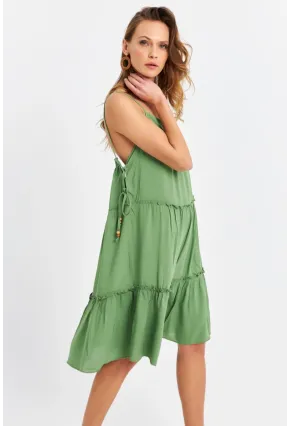 Kadın Yeşil Beli İpli Midi Elbise PC22756