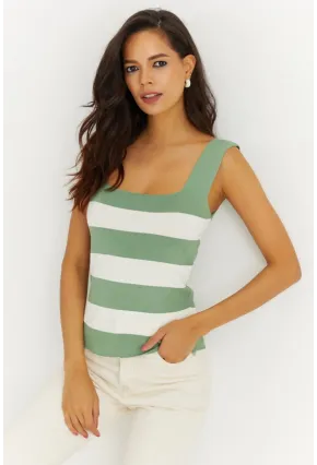Kadın Yeşil-Beyaz Kare Yaka Triko Bluz YV80