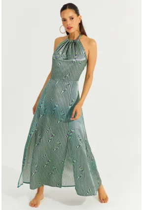 Kadın Yeşil Boyun Bağlamalı Sırtı Gipeli Maxi Elbise BK1664