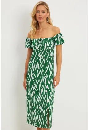 Kadın Yeşil Bürümcük Büzgülü Midi Elbise DY105