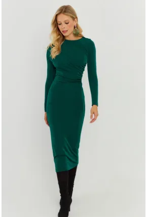 Kadın Yeşil Büzgülü Buzi Midi Elbise KED147