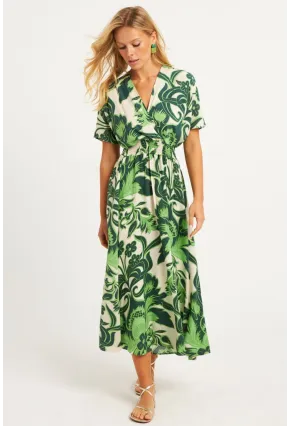 Kadın Yeşil Desenli Gipeli Midi Elbise YZ1055