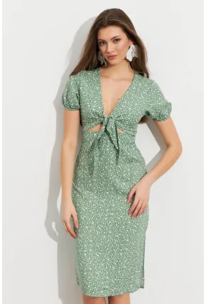 Kadın Yeşil Desenli Pencereli Midi Elbise Q1013