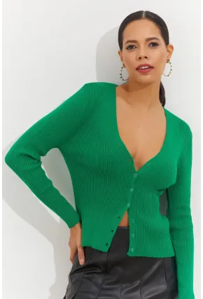 Kadın Yeşil Düğmeli Triko Bluz YV94