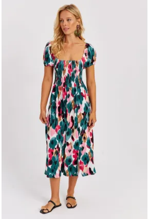 Kadın Yeşil Gipeli Desenli Midi Elbise MON126