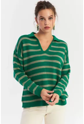 Kadın Yeşil-Gri Polo Yaka Çizgili Triko Kazak SE01