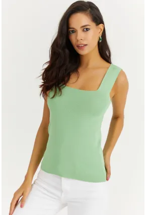 Kadın Yeşil Kare Yaka Triko Bluz YV80