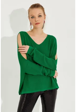 Kadın Yeşil Kolu Yırtmaçlı Triko Bluz SMT221