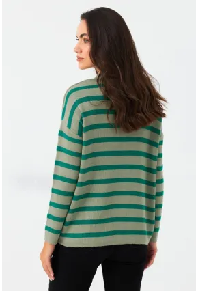 Kadın Yeşil Polo Yaka Çizgili Triko Kazak SE01