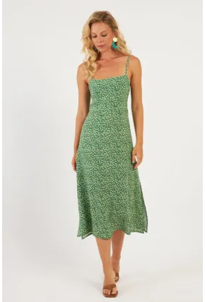 Kadın Yeşil Sırtı Gipeli Desenli Midi Elbise MP427