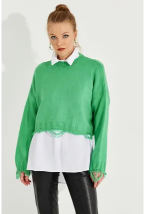 Kadın Yeşil Yırtık Detaylı Triko Kazak KZ2800