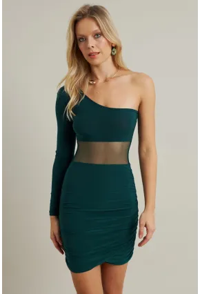 Kadın Zümrüt Yeşil Drapeli Tül Detaylı Mini Elbise ELT3850