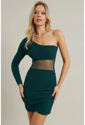 Kadın Zümrüt Yeşil Drapeli Tül Detaylı Mini Elbise ELT3850