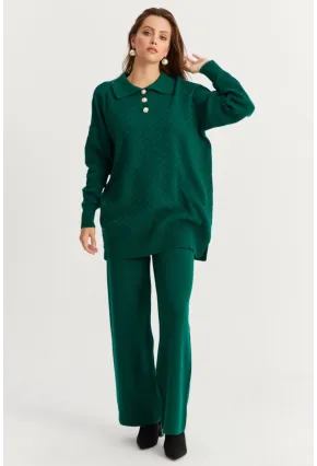 Kadın Zümrüt Yeşil İnci Düğmeli Triko Alt Üst Takım NUV33