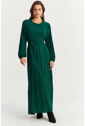 Kadın Zümrüt Yeşil Kemerli Plili Maxi Elbise ALZ500