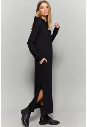 Siyah Çift Yırtmaçlı Kapüşonlu Maxi Elbise MEY1111