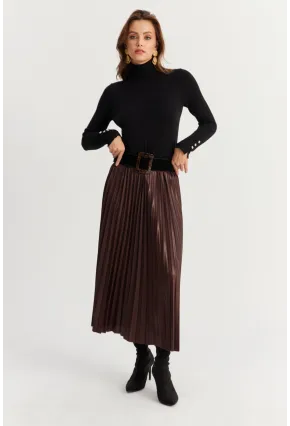 Kadın Acı-Kahve Beli Lastikli Pilise Etek GÇ190