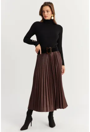 Kadın Acı-Kahve Beli Lastikli Pilise Etek MGÇ190