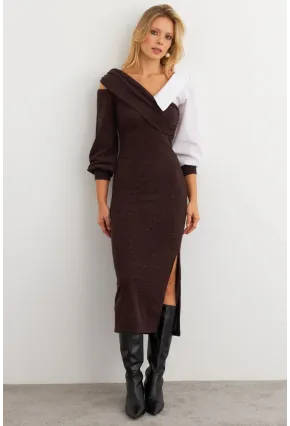 Kadın Acı-Kahve Blok Kumaşlı Asimetrik Yaka Maxi Elbise KED4469