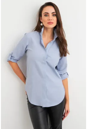 Kadın Açık-Mavi Gizli Düğmeli Uzun Gömlek SF2001