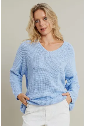 Kadın Açık-Mavi V Yaka Salaş Triko Bluz SMT158