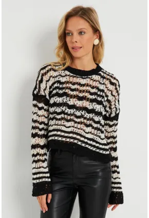 Kadın Ajurlu Triko Bluz Beyaz-Siyah YZ619