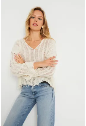 Kadın Ajurlu Triko Bluz Taş YZ618