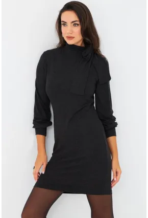 Kadın Antrasit Boyundan Bağlamalı Midi Elbise EY2971