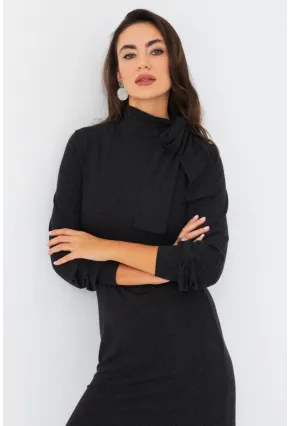 Kadın Antrasit Boyundan Bağlamalı Midi Elbise EY2971