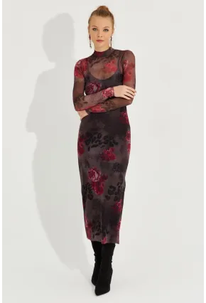 Kadın Antrasit Desenli Midi Tül Elbise YEL221355