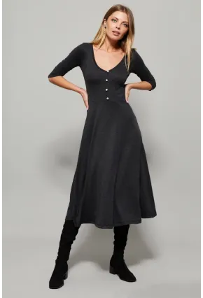 Kadın Antrasit Düğme Aksesuarlı V Yaka Elbise EY1123