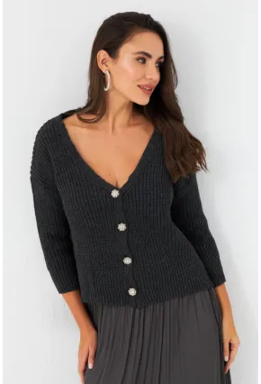 Kadın Antrasit Düğme Detaylı Hırka KAZ30