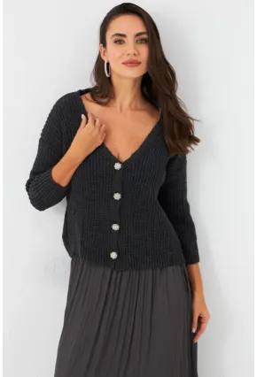 Kadın Antrasit Düğme Detaylı Hırka KAZ30