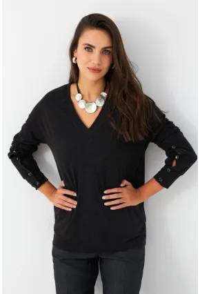 Kadın Antrasit Düğme Detaylı V Yaka Bluz EY2982