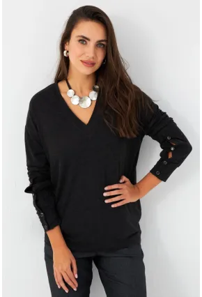 Kadın Antrasit Düğme Detaylı V Yaka Bluz MEY2982