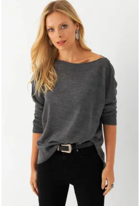 Kadın Antrasit Kayık Yaka Triko Bluz YİL561