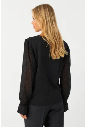 Kadın Antrasit Kol Detaylı Metalik Bluz AYD391