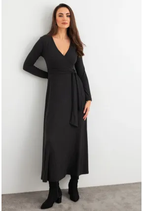 Kadın Antrasit Kruvaze Bağlamalı Midi Elbise EY3020