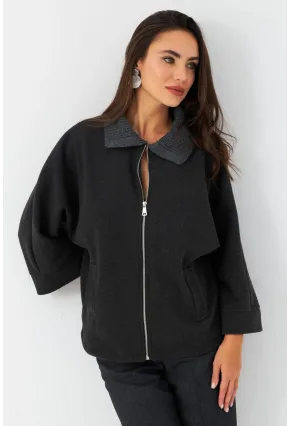 Kadın Antrasit Örme Yaka Kaşe Ceket CAR1080