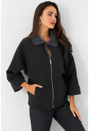 Kadın Antrasit Örme Yaka Kaşe Ceket CAR1080