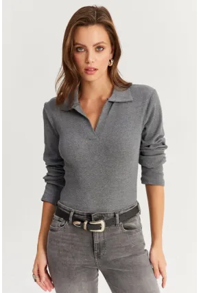 Kadın Antrasit Polo Yaka Kaşkorse Bluz LON3006