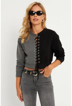 Kadın Antrasit-Siyah Kuşgözlü Kısa Sweatshirt TF02