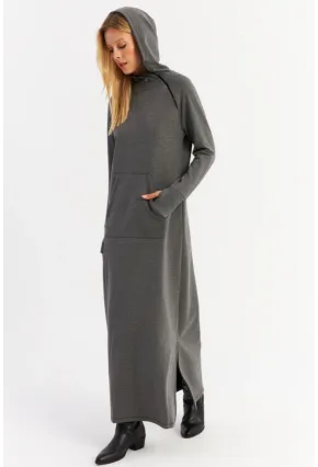 Kadın Antrasit Yakası Fermuarlı Maxi Sweat Elbise MTF12