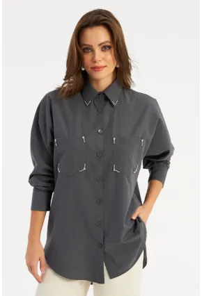Kadın Antrasit Zımbalı Gömlek MASF2