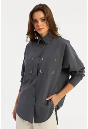 Kadın Antrasit Zımbalı Gömlek MASF2