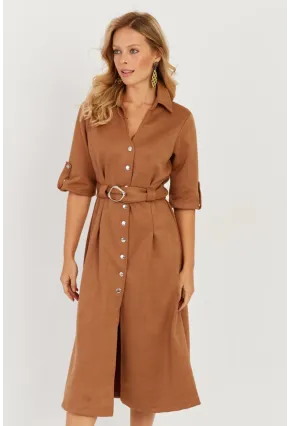 Kadın Badem Nubuk Midi Gömlek Elbise KED4023